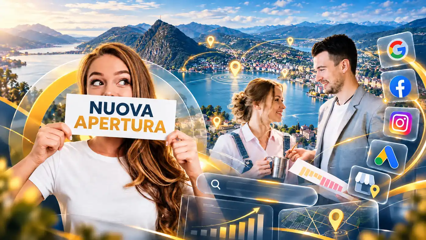 Promozione di una nuova attività in Canton Ticino: imprenditori, panorama di Lugano e strategie di marketing digitale, SEO locale e pubblicità online.