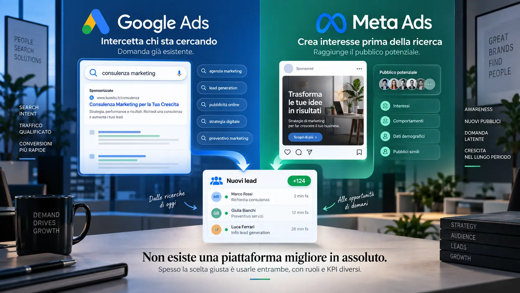Confronto tra Google Ads e Meta Ads per la generazione di lead e opportunità commerciali