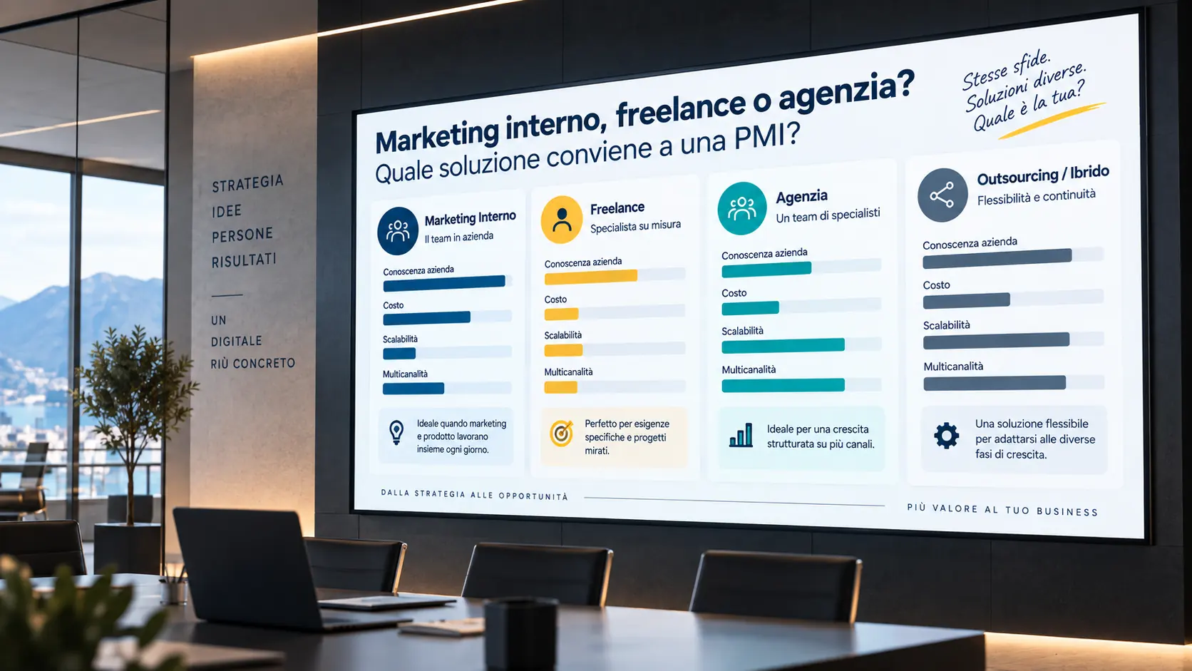 Confronto tra reparto marketing interno, freelance e agenzia per una PMI