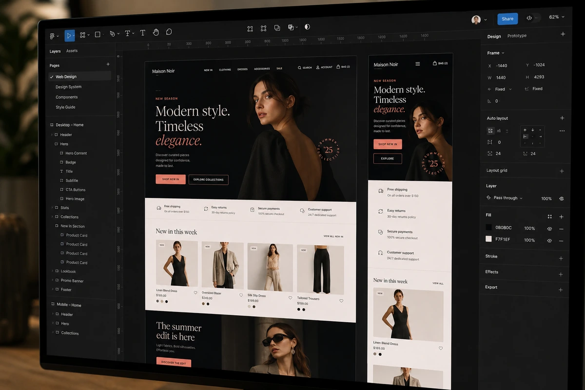 UX design di un e-commerce moda con homepage, schede prodotto e versione mobile