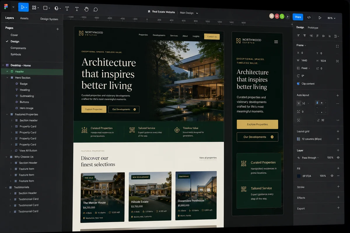 UX design di un sito immobiliare premium con versione desktop e mobile