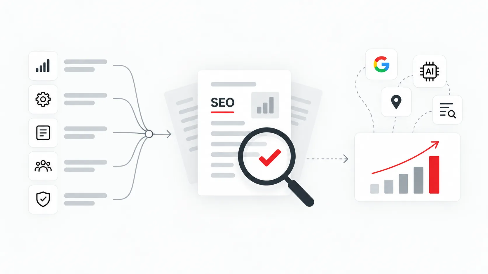 Schema della SEO moderna che collega analisi, contenuti, AI, local search e crescita del business