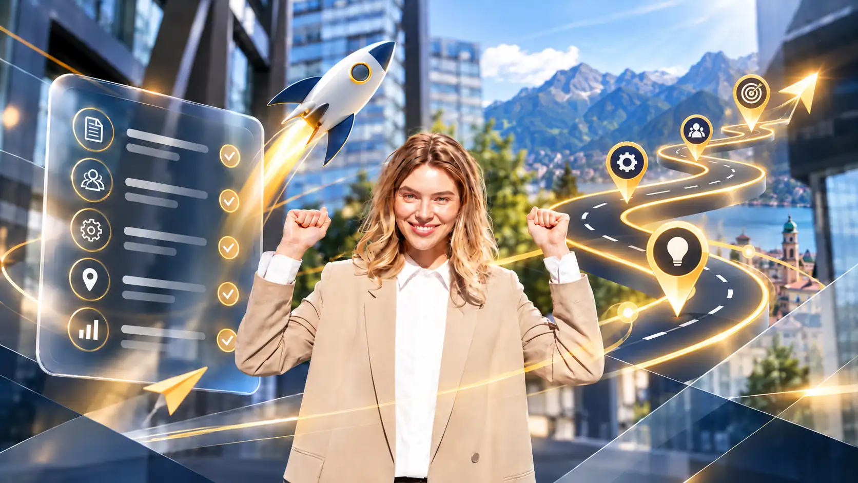 Copertina illustrativa con donna sorridente, razzo, checklist e roadmap strategica per rappresentare il lancio di una nuova attività in Canton Ticino.