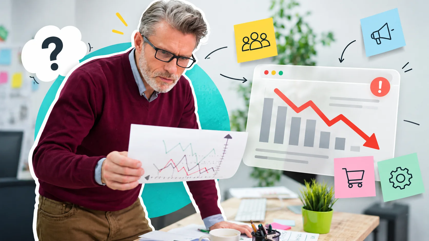 Imprenditore che analizza grafici e indicatori di performance per individuare i problemi che rallentano la crescita di una nuova attività in Canton Ticino.