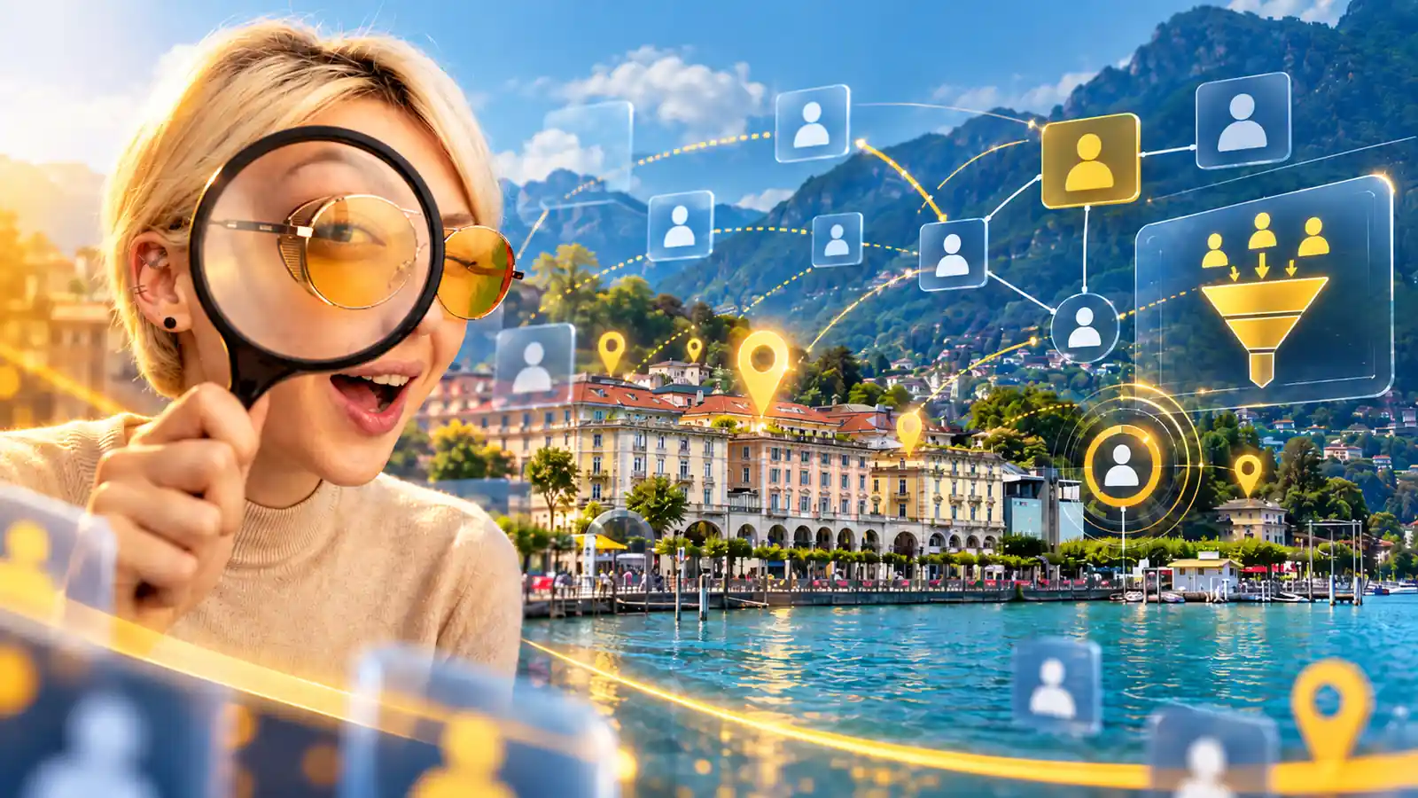 Copertina illustrativa con vista di Lugano, lente di ingrandimento, rete di contatti e funnel di marketing per rappresentare la ricerca di nuovi clienti per una nuova attività in Canton Ticino.